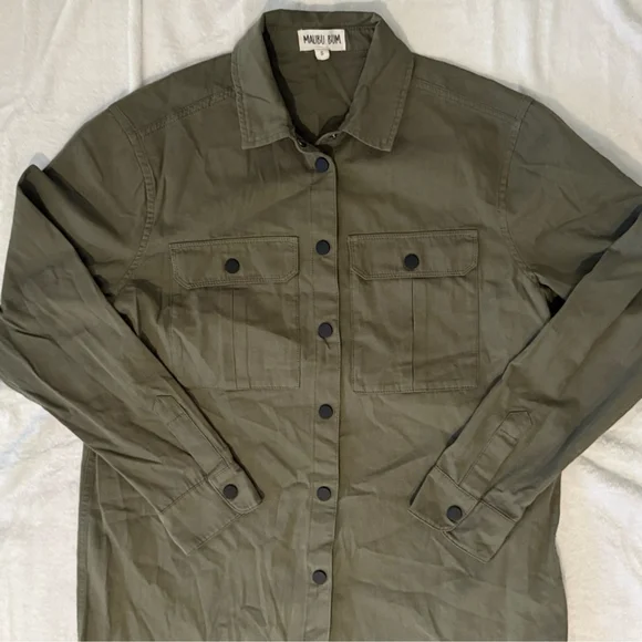 Malibu Bum Army Green Shacket Small Button-Up Utility Layering Top - Picture 12 of 16